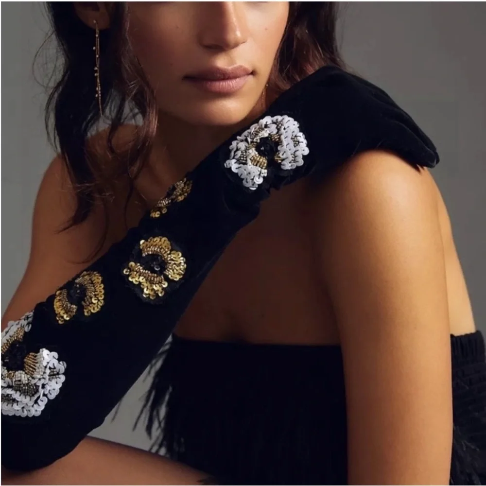 Anthropologie Black Gloves with Gold and White Sequins - Picture 1 of 2